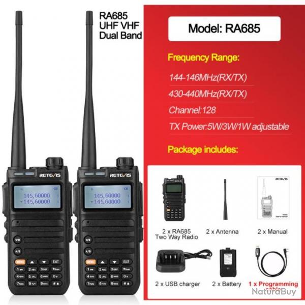 Retevis RA685 x2 Talkie Walkie Noir Radio Dual Bande VHF/UHF Longue Porte Camping Randonne Chasse