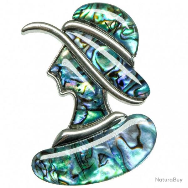 Broche buste dame au chapeau avec nacre abalone