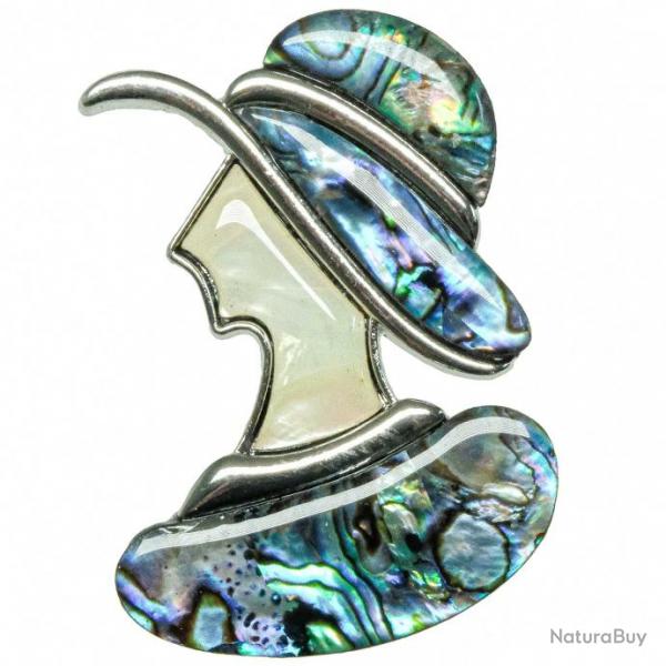 Broche buste dame au chapeau avec nacre abalone et blanche