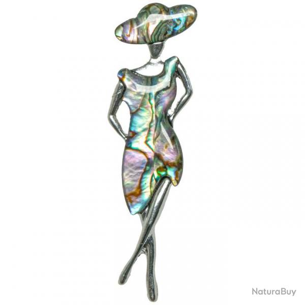 Broche femme en robe et chapeau avec nacre abalone