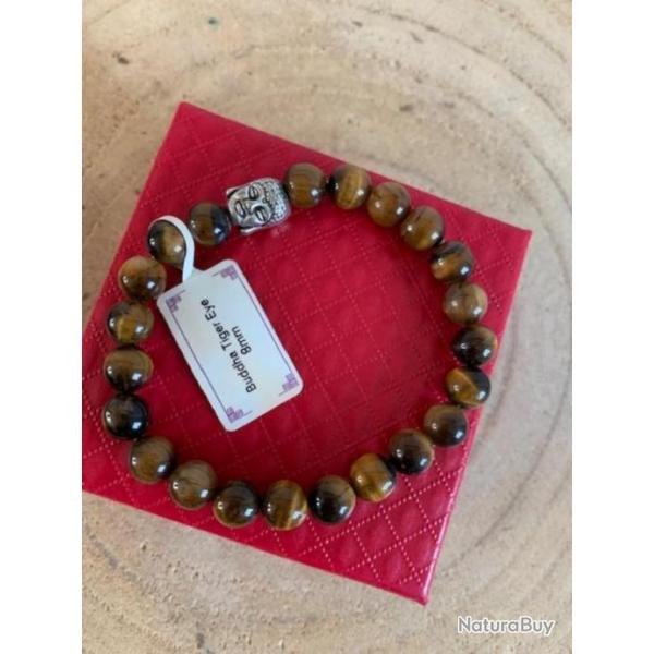 Bracelet perles 8 mm pierres naturelles  Oeil de tigre avec bouddha ( Promo de Noel )