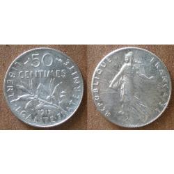 France 50 Centimes 1917 Piece Argent Semeuse Centime