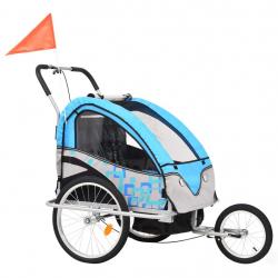 Remorque à vélo et poussette pour enfants 2-en-1 tissu Oxford + cadre en acier bleu et gris 02_0004