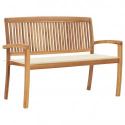 Banc de jardin meuble de patio d'extérieur terrasse empilable et coussin crème 128,5cm bois de teck