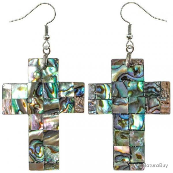 Boucles d'oreilles croix crucifix en nacre abalone paua