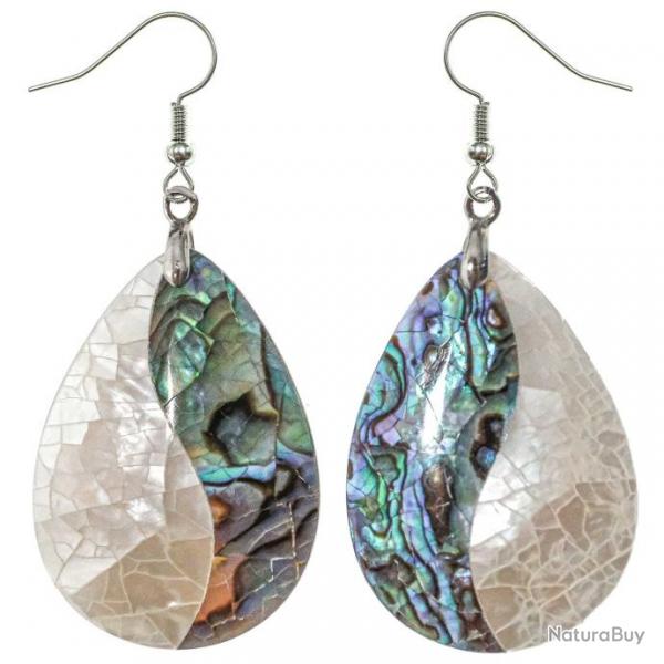 Boucles d'oreilles goutte en nacre blanche et abalone paua