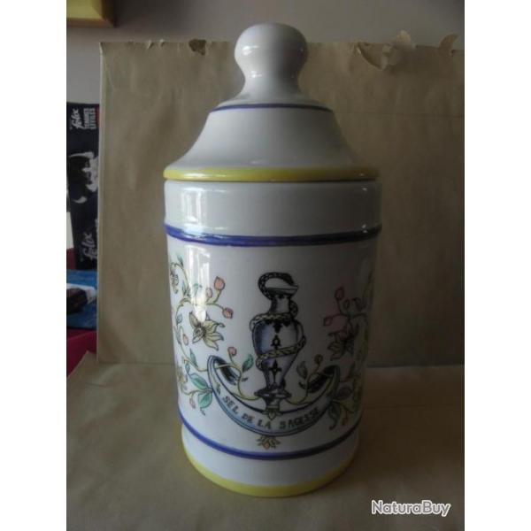 ANCIEN POT A PHARMACIE APOTHICAIRE PORCELAINE SEL DE LA SAGESSE 20 cm