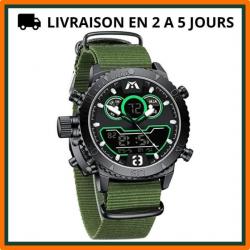 Montre militaire - Chronographe - Acier inoxydable - Ecran LED - Analogique - Vert et noir