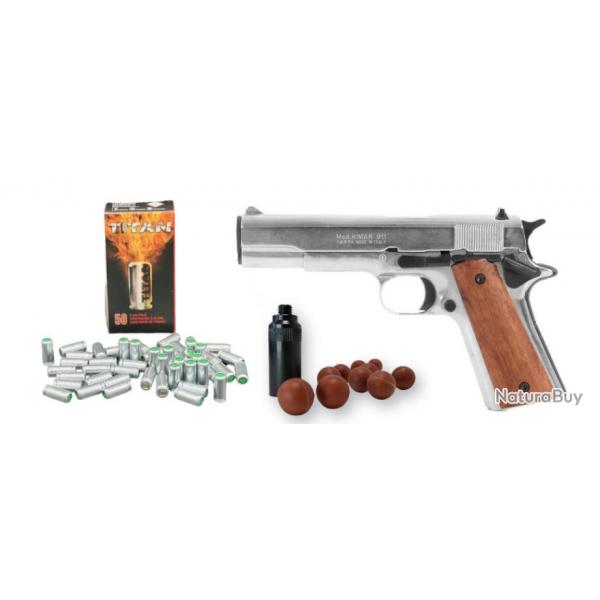 Pistolet d'alarme Kimar 911 calibre 9mm PAK balles  blanc + embout self-gomme