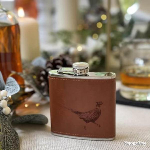 Flasque  Whisky avec tui cuir gravure faisan