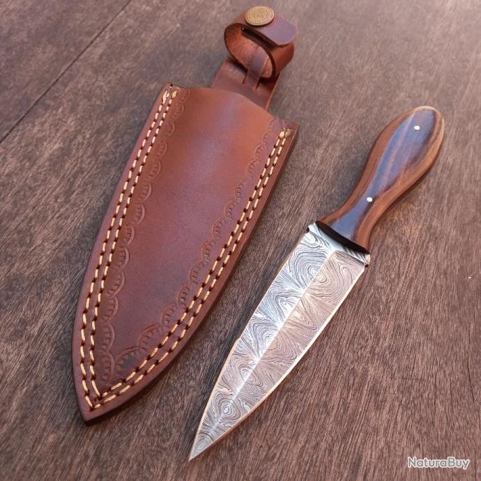 Grand Couteau Damas TANTO Manche en Bois avec Étui en cuir - Couteaux Grand Couteau Damas TANTO Manche en Bois avec Étui en cuir - Couteaux
