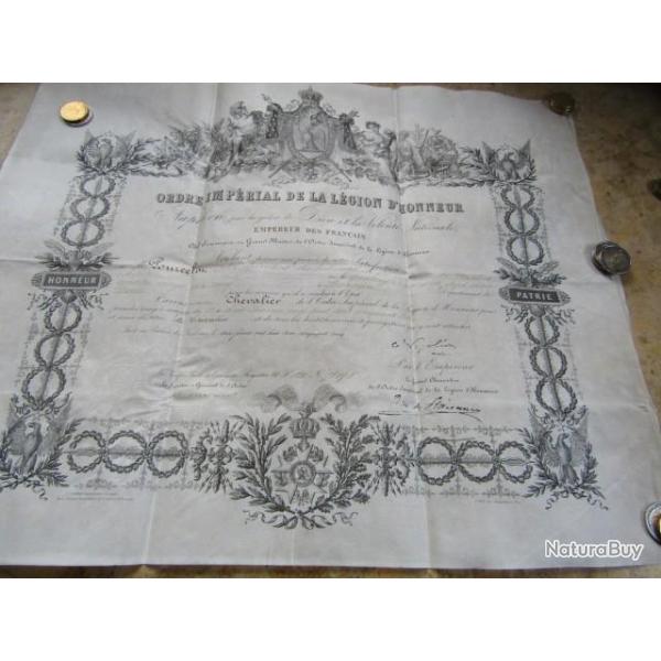 brevet diplme ordre imprial de la lgion d'honneur signature autographe empereur Napolon III 1853