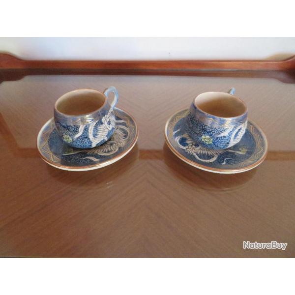 Lot de deux tasses Vintage avec leurs soucoupes en ceramique maille craquele  dcor japonisant