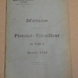 Rare Notice sur le Pistolet mitrailleur de 7.65 modèle 1938