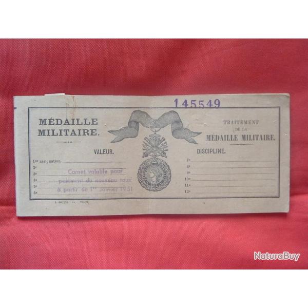 Carnet 1951 pour Traitement MEDAILLE MILITAIRE, matricul attribu Haute Garonne 31 Arige 09 Siguer