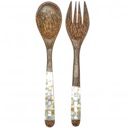 Couverts à salade en bois de cocotier et nacre