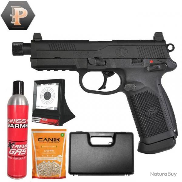 Pistolet FN FNX-45 Tactical Gbb gas black 1J + gas + billes + mallette + porte cible + cibles