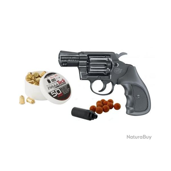 Pack dfense revolver Colt Dtective spciale Noir Calibre 9mm RK + 50 Munitions + embout self-gomme