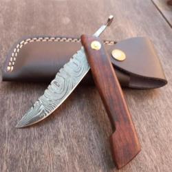 Joli Couteau Artisanal Piémontais Damas Manche en Bois avec Étui en cuir