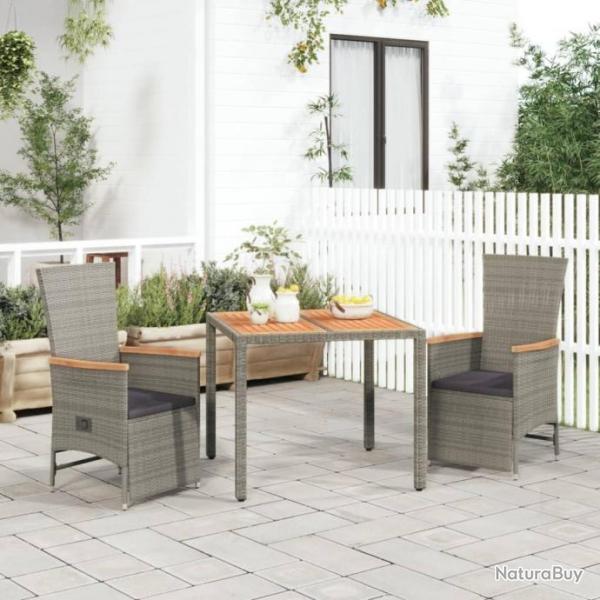 Ensemble de salle  manger de jardin 3 pcs avec coussins Gris