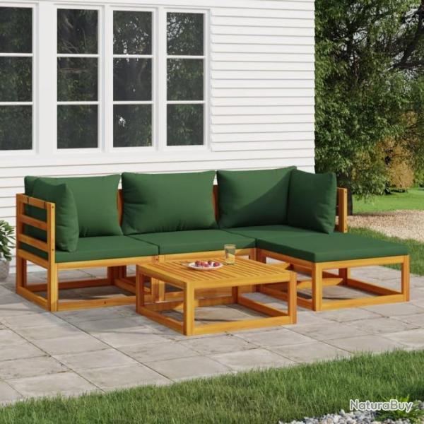 Salon de jardin 5 pcs avec coussins vert bois massif