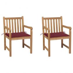 Chaises de jardin 2 pcs avec coussins bordeaux Teck massif