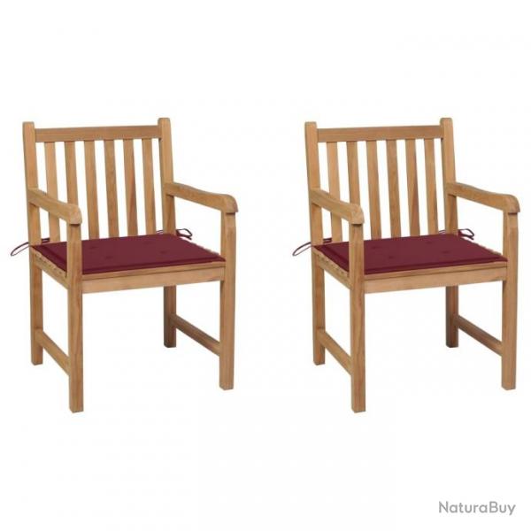 Chaises de jardin 2 pcs avec coussins bordeaux Teck massif