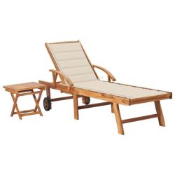 Chaise longue avec table et coussin Bois de teck solide