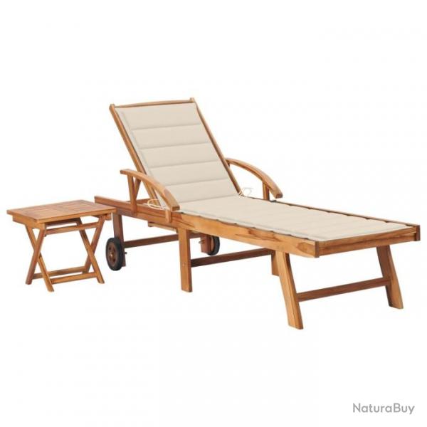 Chaise longue avec table et coussin Bois de teck solide