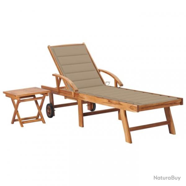 Chaise longue avec table et coussin Bois de teck solide