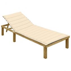 Chaise longue avec coussin crème Bois de pin imprégné