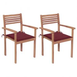 Chaises de jardin 2 pcs avec coussins bordeaux Teck massif