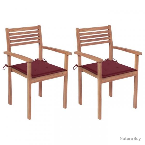 Chaises de jardin 2 pcs avec coussins bordeaux Teck massif