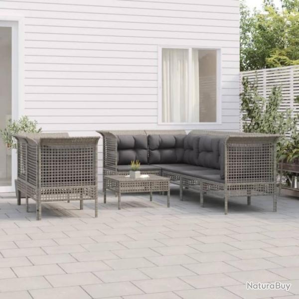 Salon de jardin 8 pcs avec coussins Gris Rsine tresse