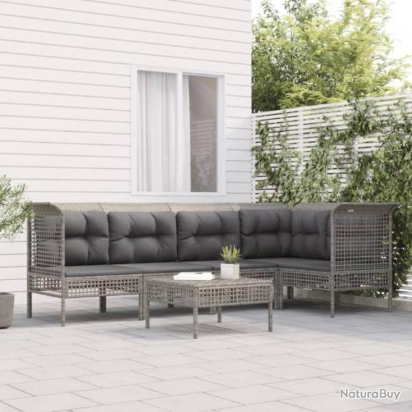 Salon de jardin 6 pcs avec coussins Gris Rsine tresse