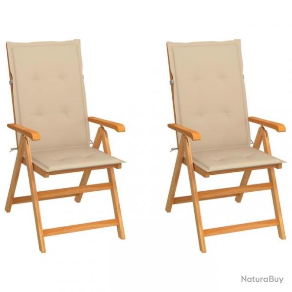 Chaises de jardin 2 pcs avec coussins beige Bois de teck massif