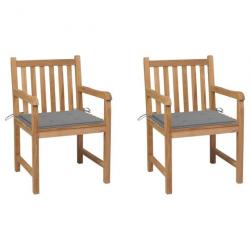 Chaises de jardin 2 pcs avec coussins gris Bois de teck massif