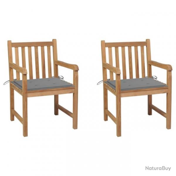 Chaises de jardin 2 pcs avec coussins gris Bois de teck massif