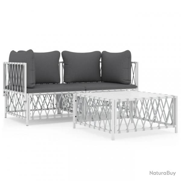 Salon de jardin avec coussins 3 pcs blanc acier