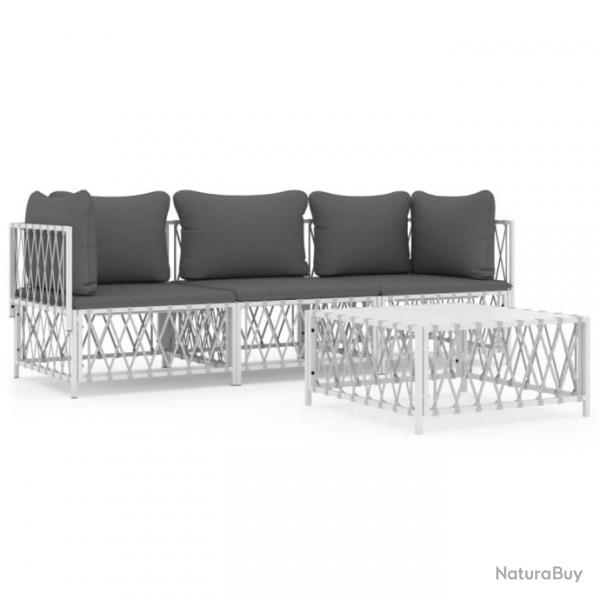 Salon de jardin 4 pcs avec coussins blanc acier