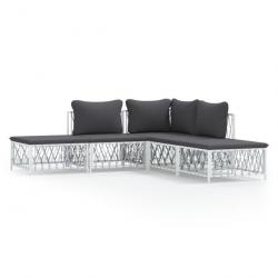 Salon de jardin avec coussins 5 pcs blanc acier