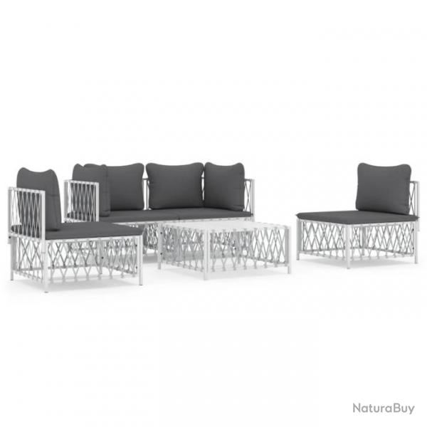 Salon de jardin avec coussins 5 pcs blanc acier