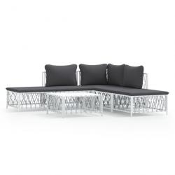 Salon de jardin avec coussins 6 pcs blanc acier