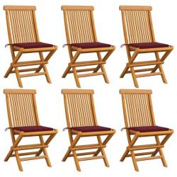 Chaises de jardin avec coussins rouge bordeaux 6pcs Teck massif