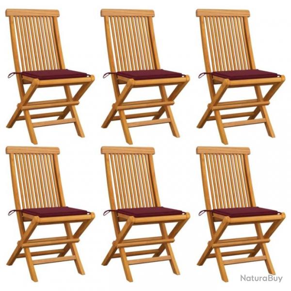 Chaises de jardin avec coussins rouge bordeaux 6pcs Teck massif