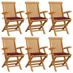 Chaises de jardin avec coussins rouge bordeaux 6pcs Teck massif