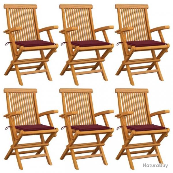 Chaises de jardin avec coussins rouge bordeaux 6pcs Teck massif