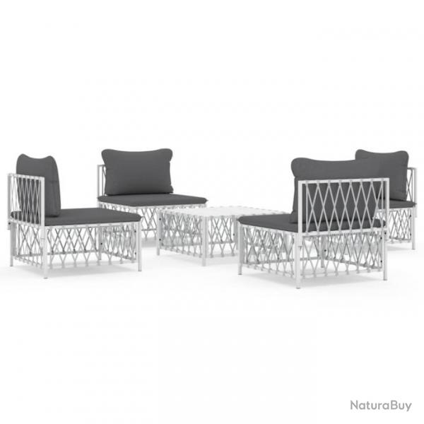 Salon de jardin avec coussins 5 pcs blanc acier