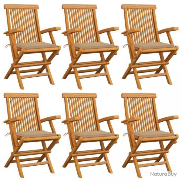 Chaises de jardin avec coussins beige 6 pcs Bois de teck massif