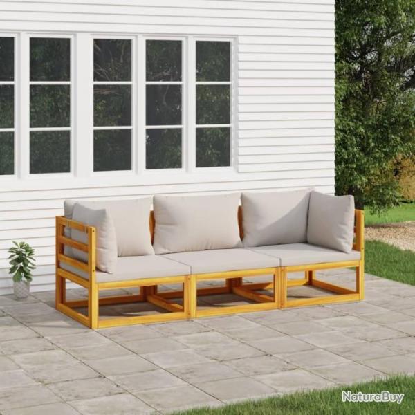 Salon de jardin 3 pcs avec coussins gris clair bois massif